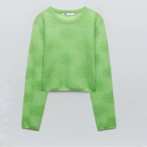 Zara Floral Knit Crop Semi-Sheer Long Sleeve Sweater Top - Picture 9 of 9